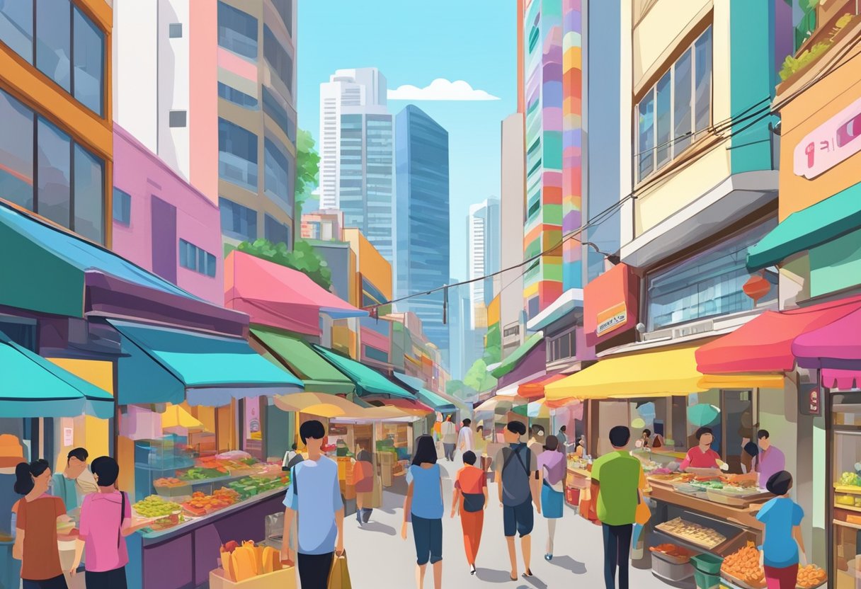 A bustling street in Suzume, Singapore, with colorful shop fronts and vibrant street vendors. Tall skyscrapers loom in the background, and the air is filled with the aroma of local street food