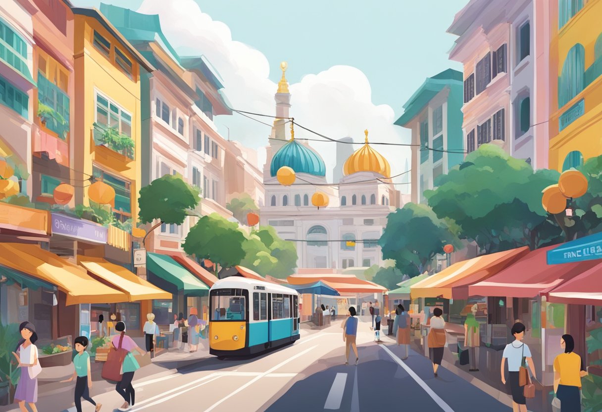 Suzume's Cinematic Journey in Singapore: Vibrant cityscape with iconic landmarks, bustling streets, and colorful markets. A blend of modernity and tradition