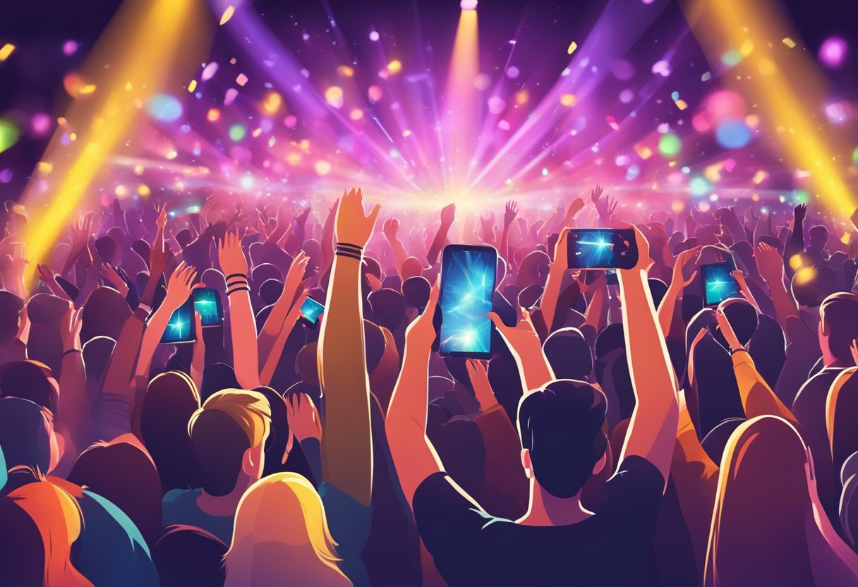 A crowd of excited fans fills the concert venue, waving their illuminated phones in the air. The stage is bathed in colorful lights, and the sound of music fills the air