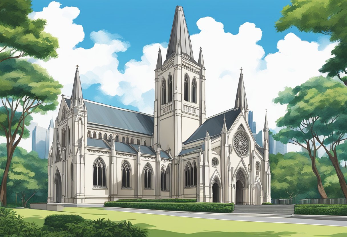 St. Andrews Cathedral, Singapore: A grand, gothic-style building with intricate details and towering spires, set against a backdrop of lush greenery and clear blue skies