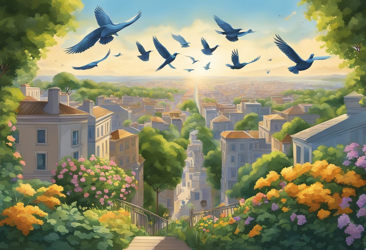 A flock of birds takes flight from a lush garden, their wings outstretched as they soar into the sky above a bustling city