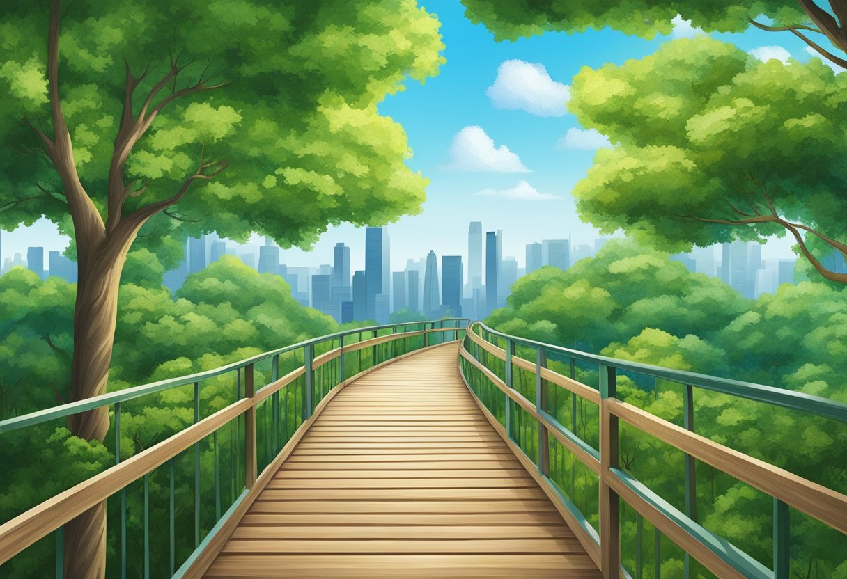 Lush green treetops intertwine with wooden walkway, against a backdrop of city skyline and blue sky