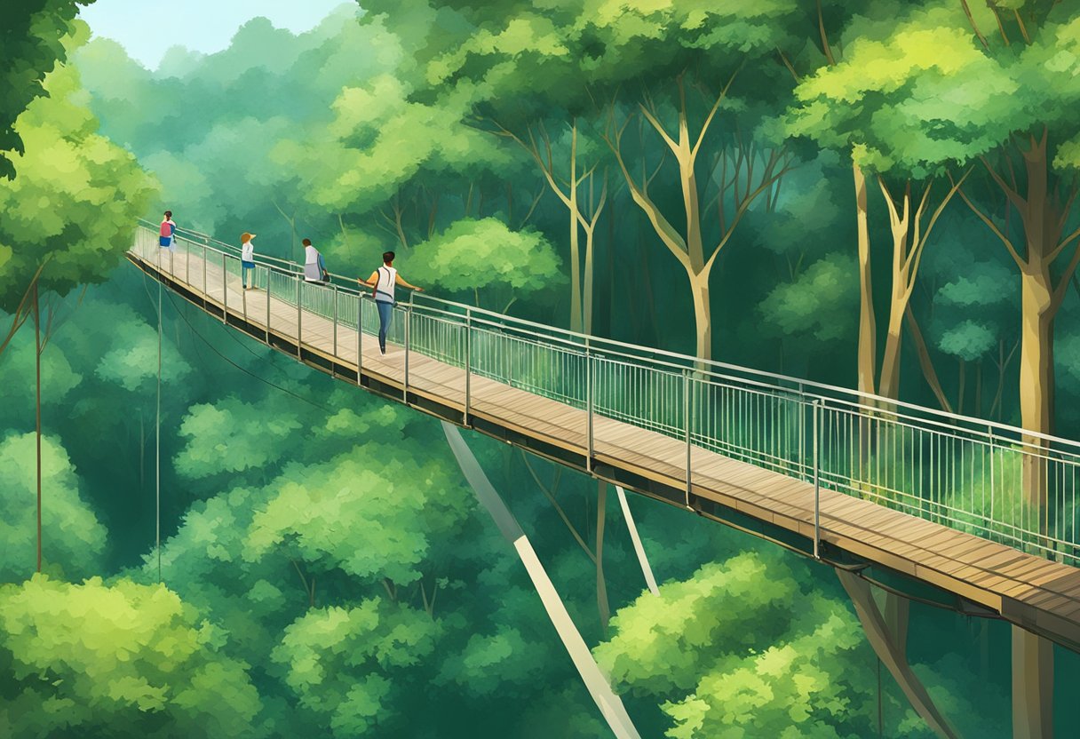 A person walks on a suspended bridge among lush green trees and foliage at the Tree Top Walk in Singapore