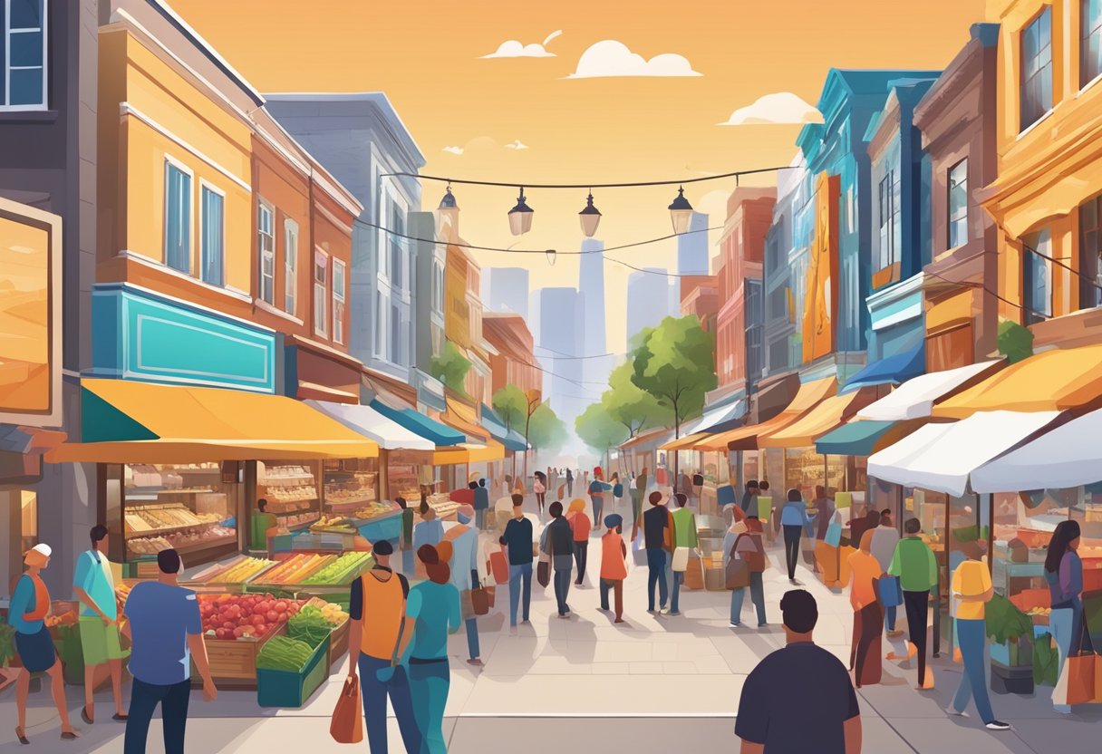 A bustling local market with colorful storefronts, busy foot traffic, and prominent digital marketing displays. Outdoor signage and social media ads draw in customers