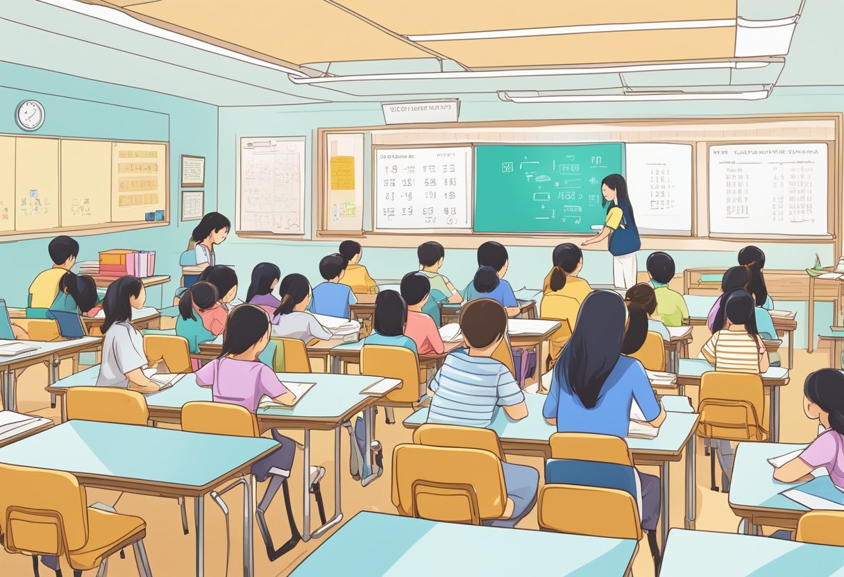 Students study Korean at a school in Singapore. Textbooks, whiteboards, and language posters fill the bright classroom