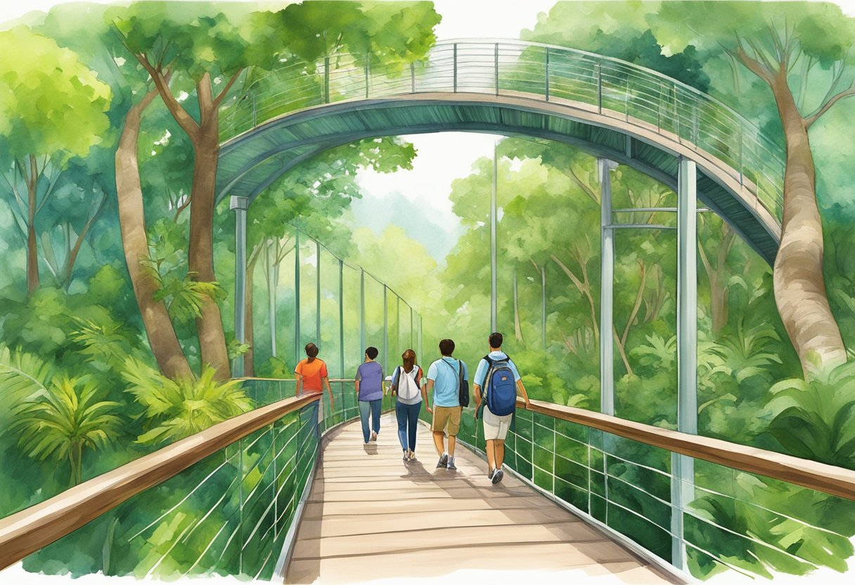 Visitors follow elevated walkway through lush greenery, surrounded by towering trees and vibrant wildlife at Tree Top Walk, Singapore