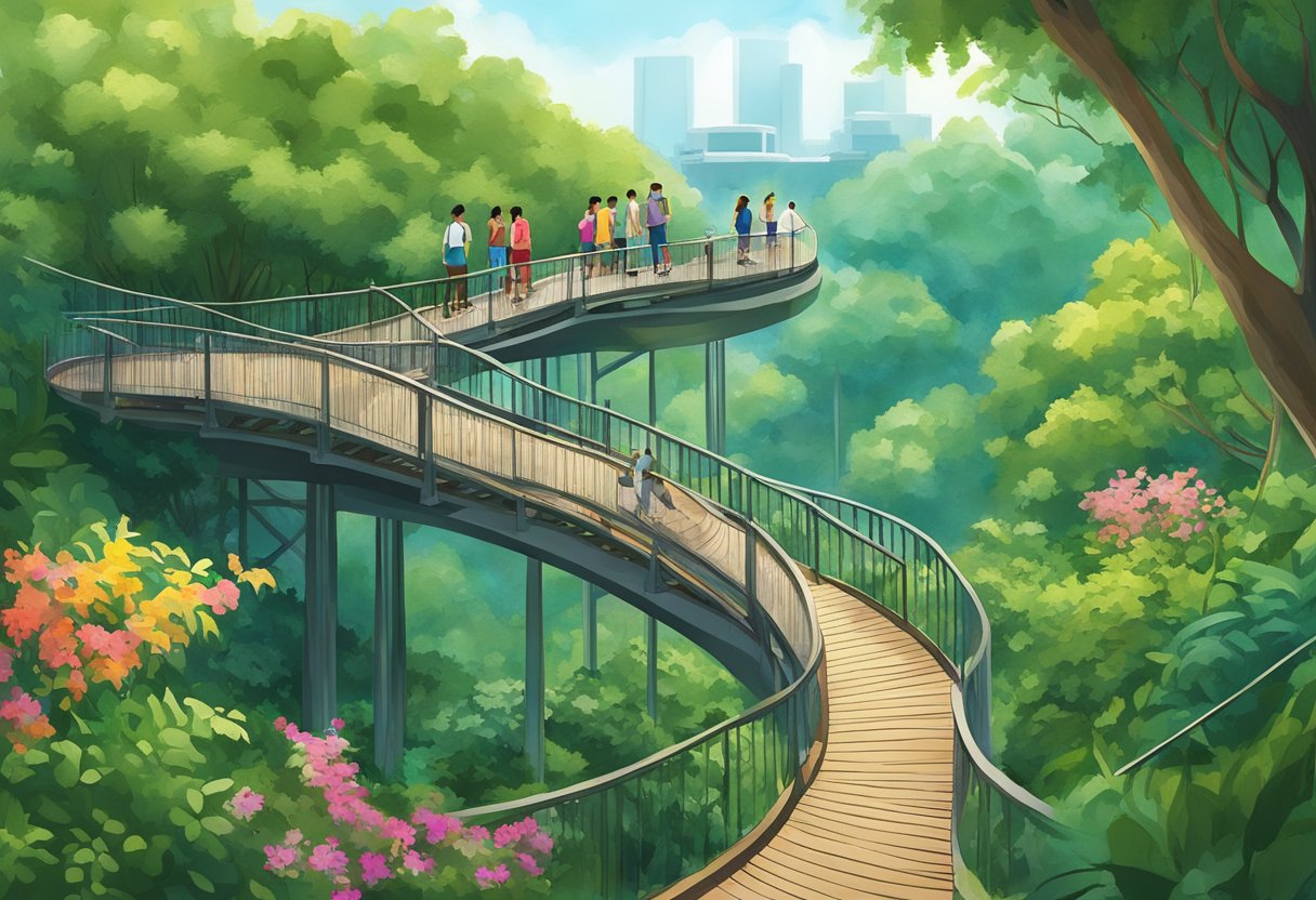 A winding treetop walk in Singapore, surrounded by lush greenery and colorful flora, with visitors strolling along the elevated pathway