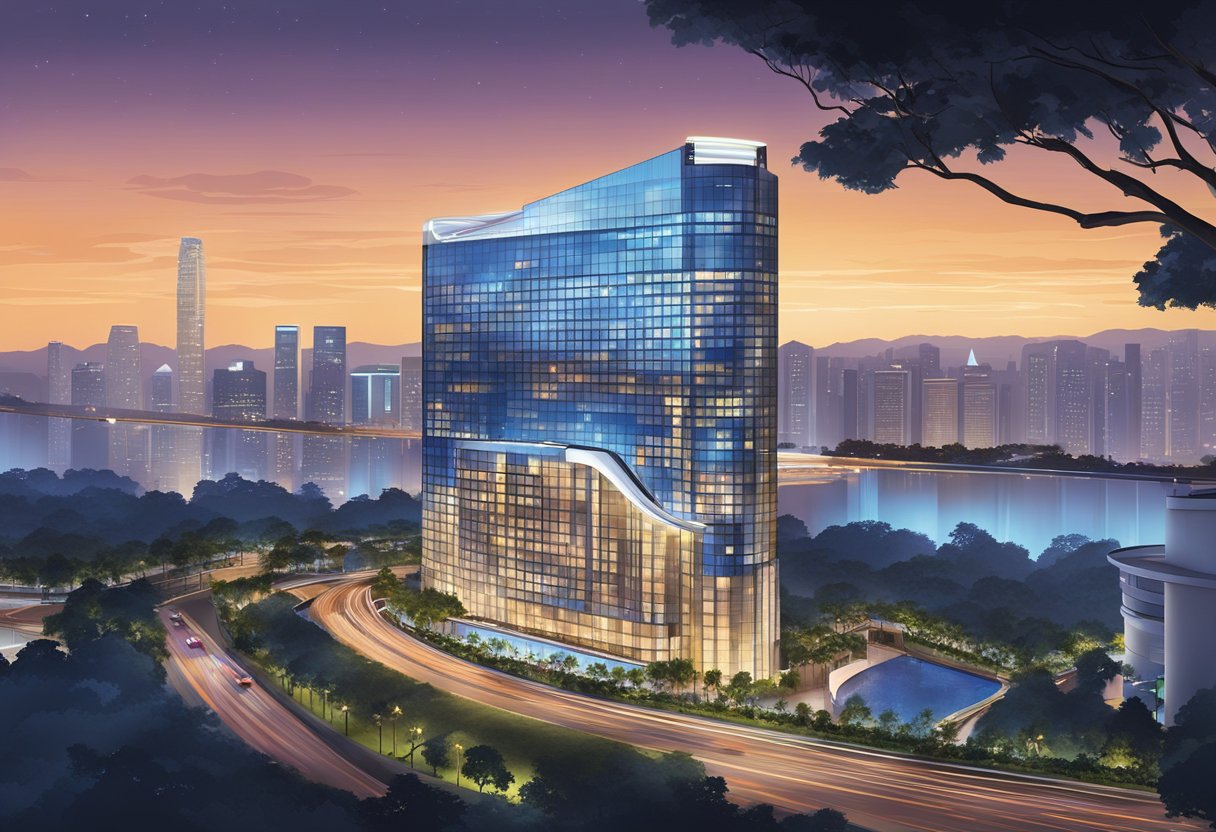 The W Hotel Singapore, with its modern architecture and stunning skyline view, stands tall against the backdrop of the city's vibrant lights and bustling energy