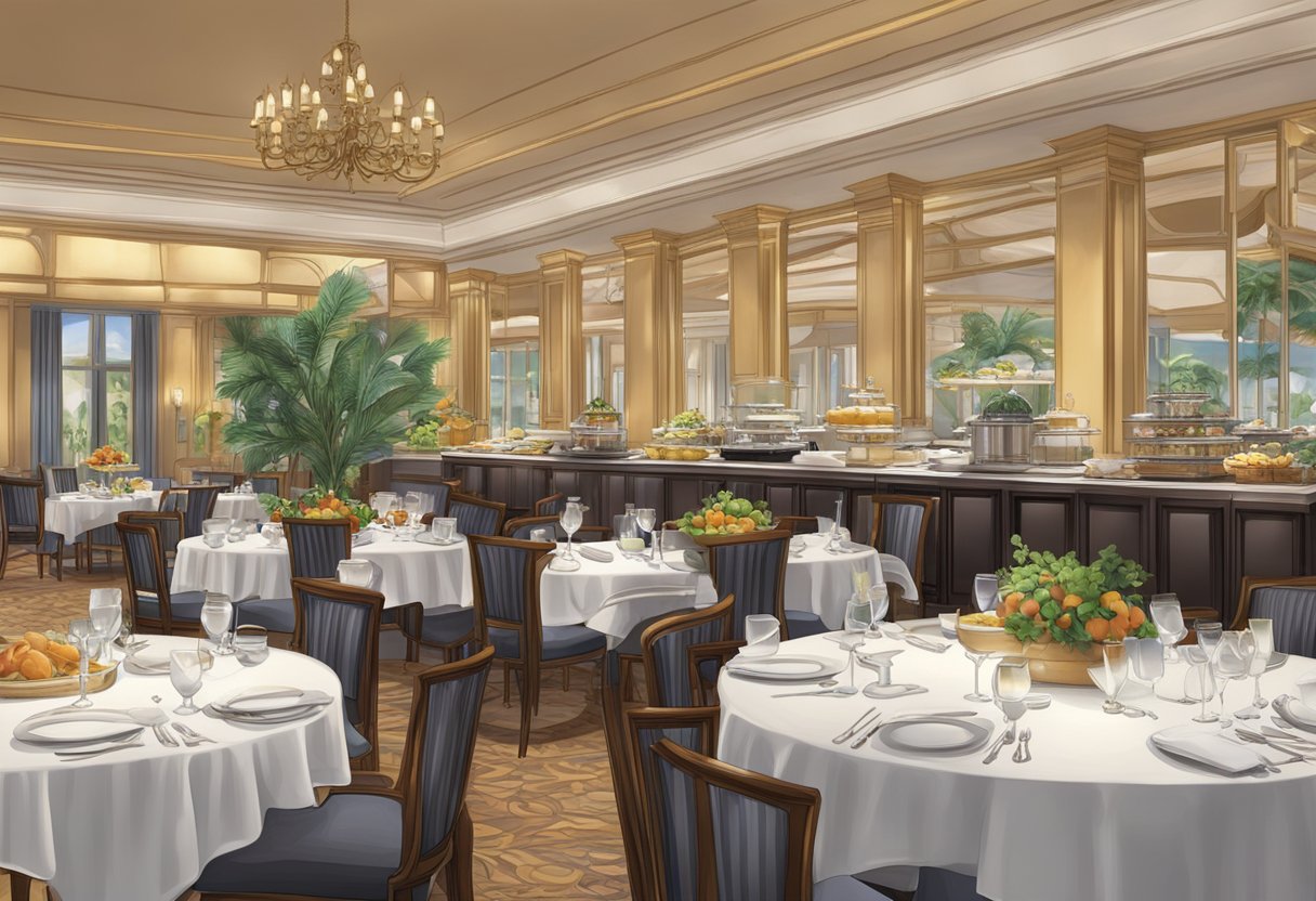 A bustling hotel dining area with various culinary options and elegant decor