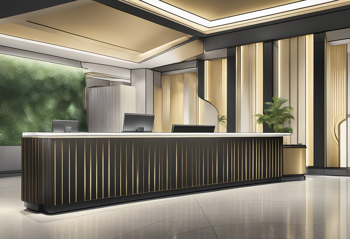 The reception desk at W Hotel Singapore, with a sign for "Frequently Asked Questions" and a sleek, modern design