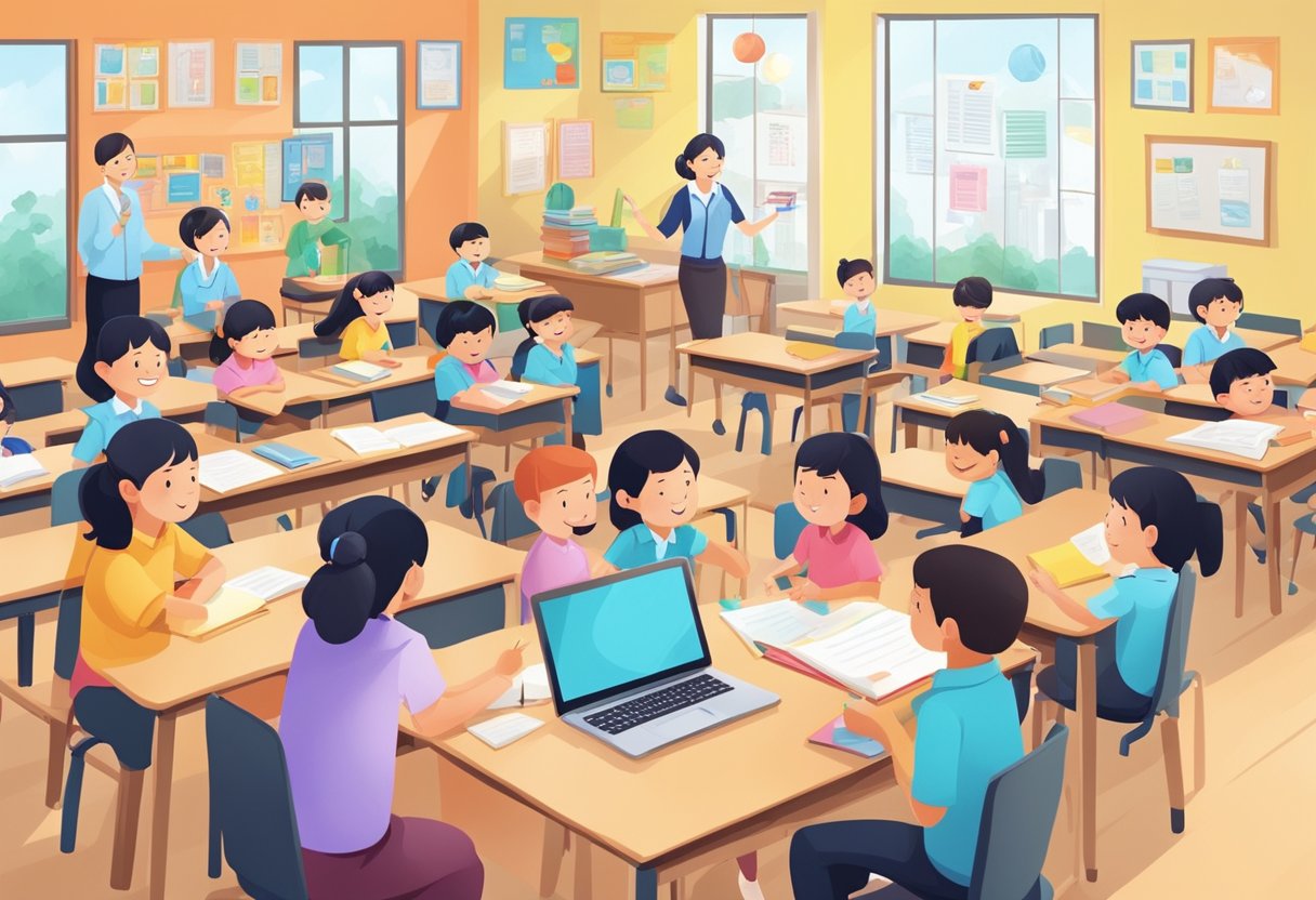 A bustling academy of Singapore teachers, with colorful classrooms and students engaged in learning