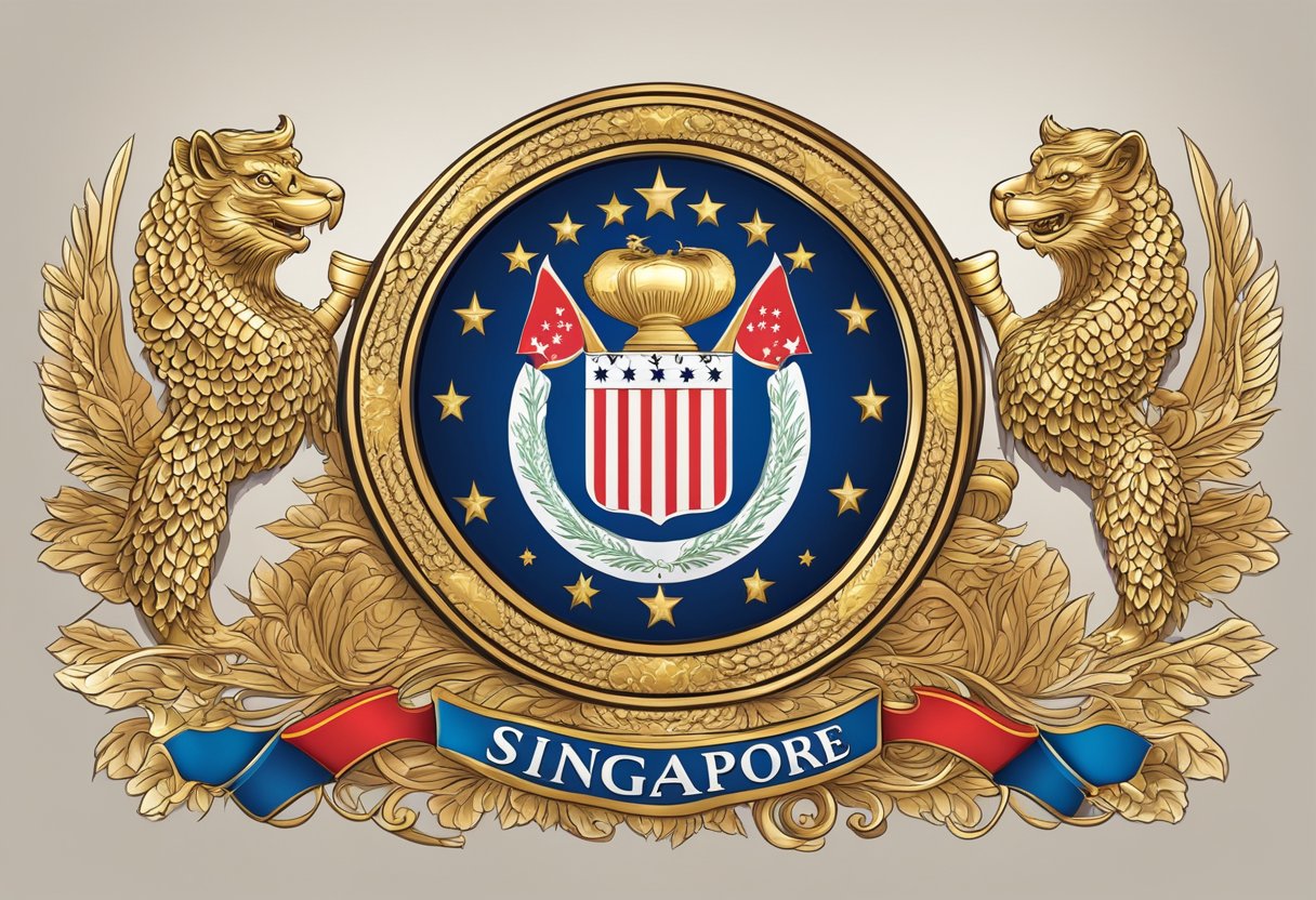 A grand, ornate presidential seal of Singapore displayed prominently in a regal setting