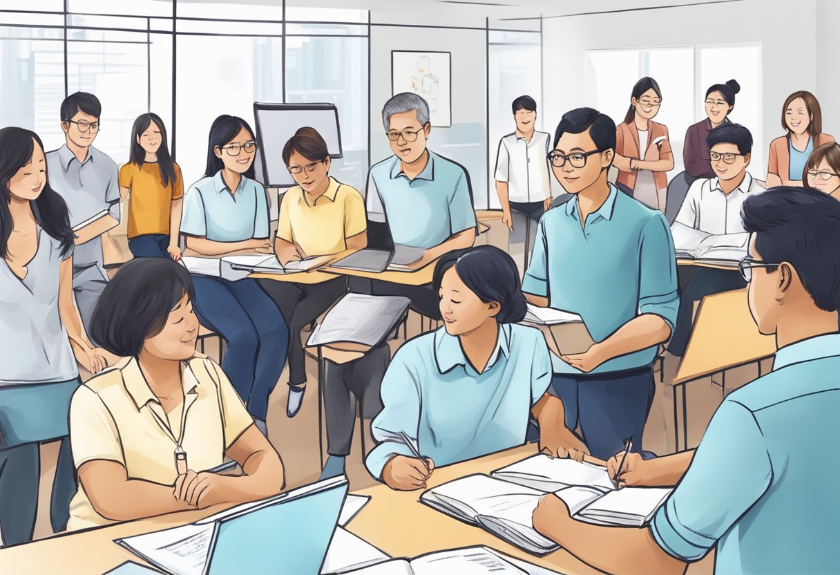 Teachers at the Singapore academy engage in workshops, collaborate in groups, and attend lectures to enhance their professional development and growth