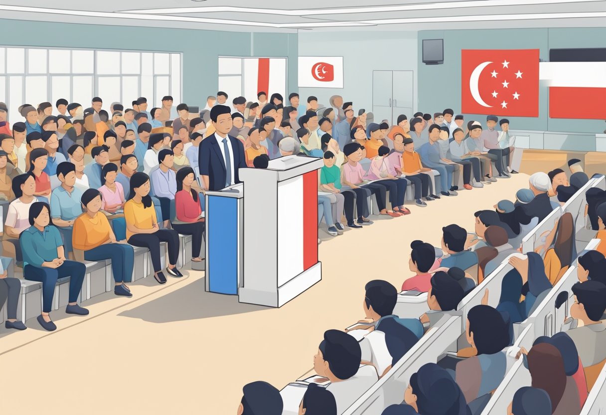 A podium with the Singaporean flag, ballot boxes, and a crowd of voters in a polling station