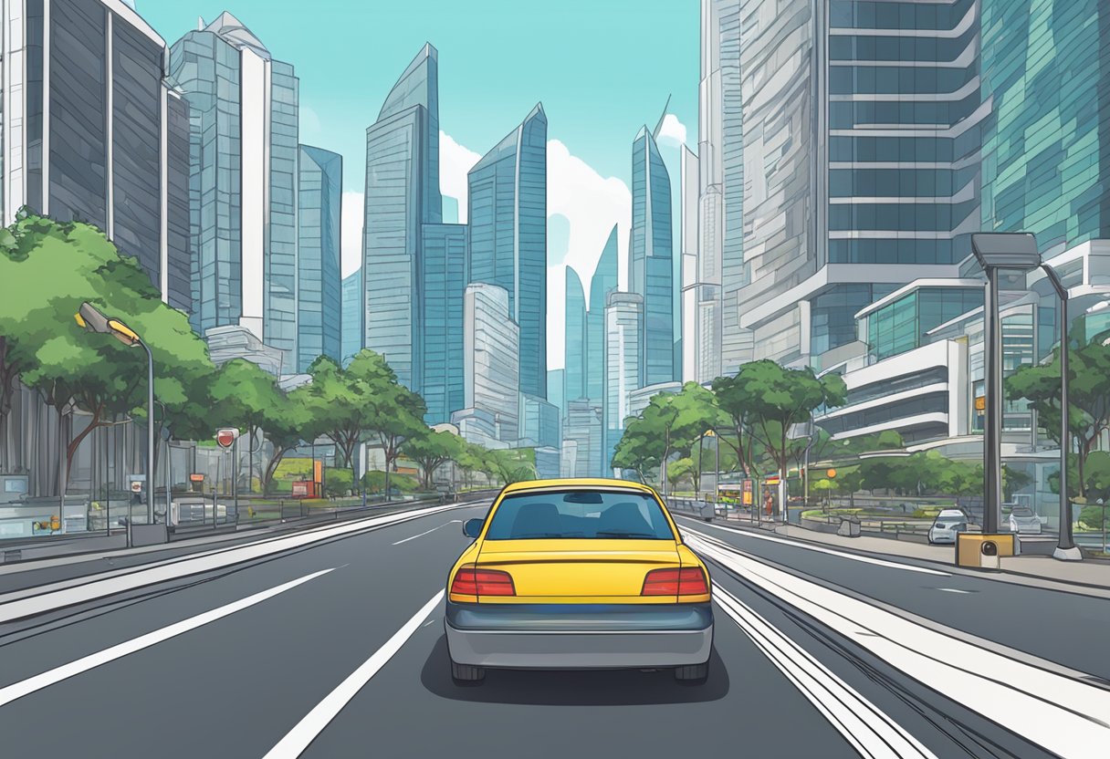 A car driving through the streets of Singapore with a visible car insurance policy sticker on the windshield. The city skyline is in the background