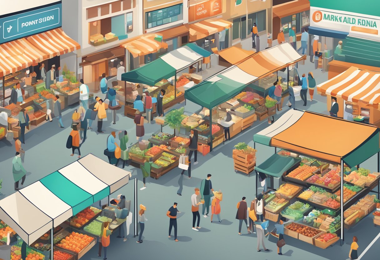 A bustling local market with digital ads and social media posts, surrounded by a network of broader marketing strategies