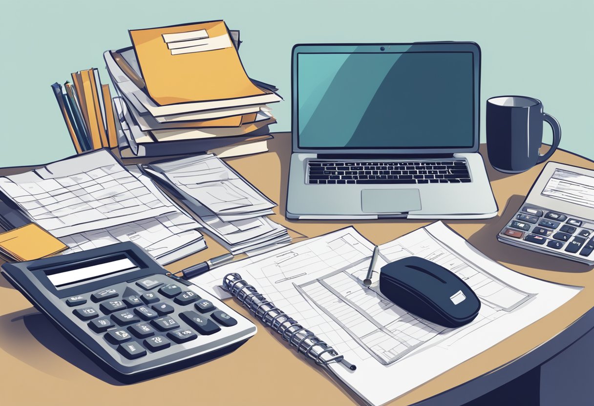 A cluttered desk with a laptop showing a comparison of car insurance rates, surrounded by scattered papers and a calculator