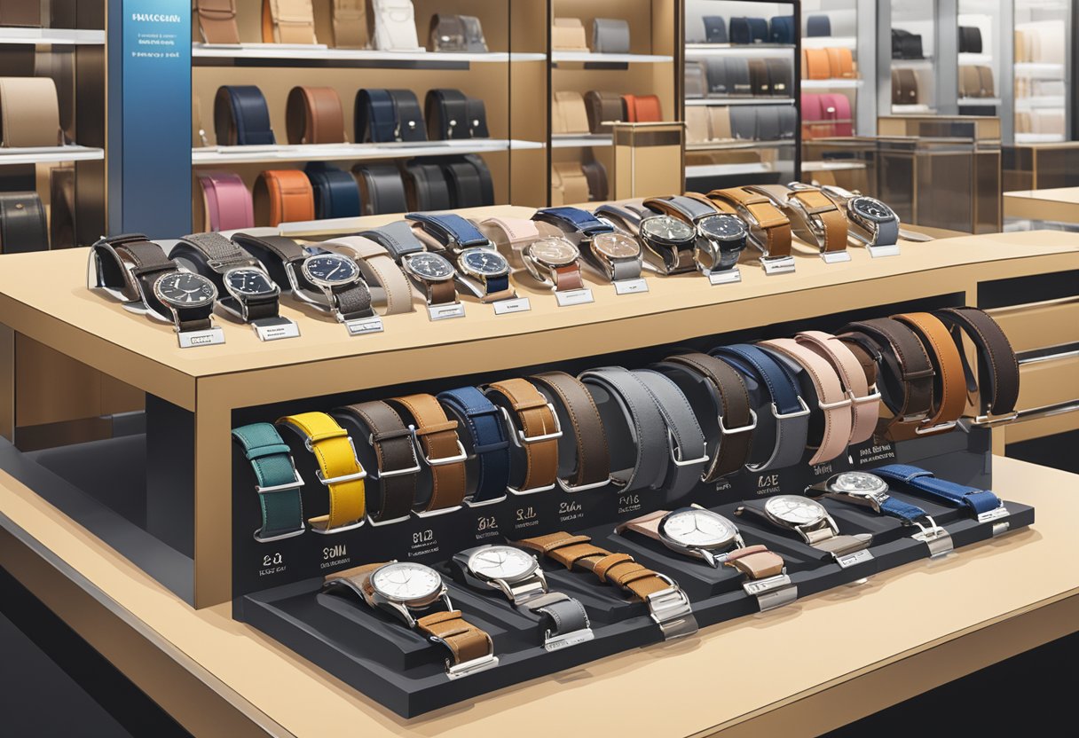 A table displays various watch strap materials in a well-lit Singapore shop