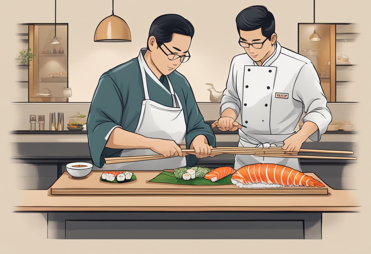 A traditional Japanese omakase dining experience in Singapore, showcasing a chef preparing fresh sushi and sashimi with precision and care