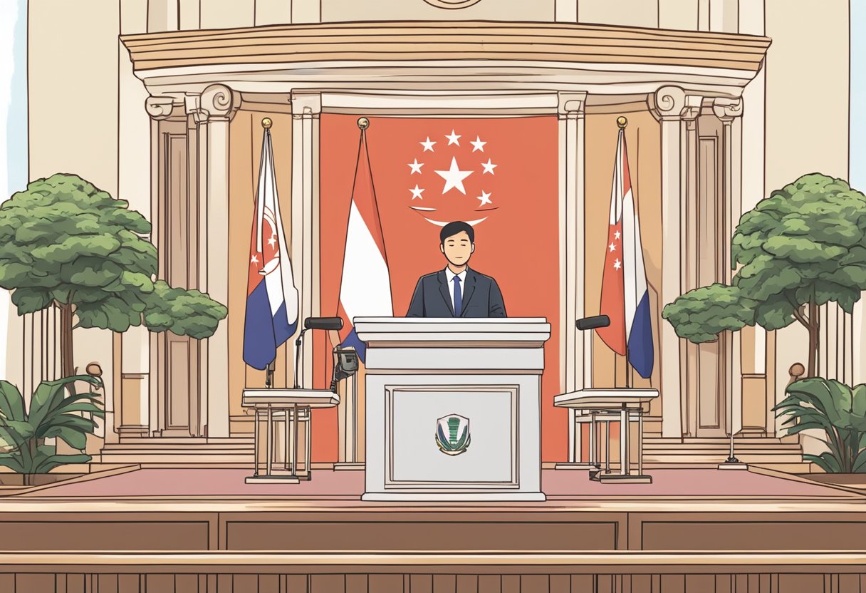 A podium with the flag of Singapore, a microphone, and a sign reading "Frequently Asked Questions: Who is the President of Singapore?"