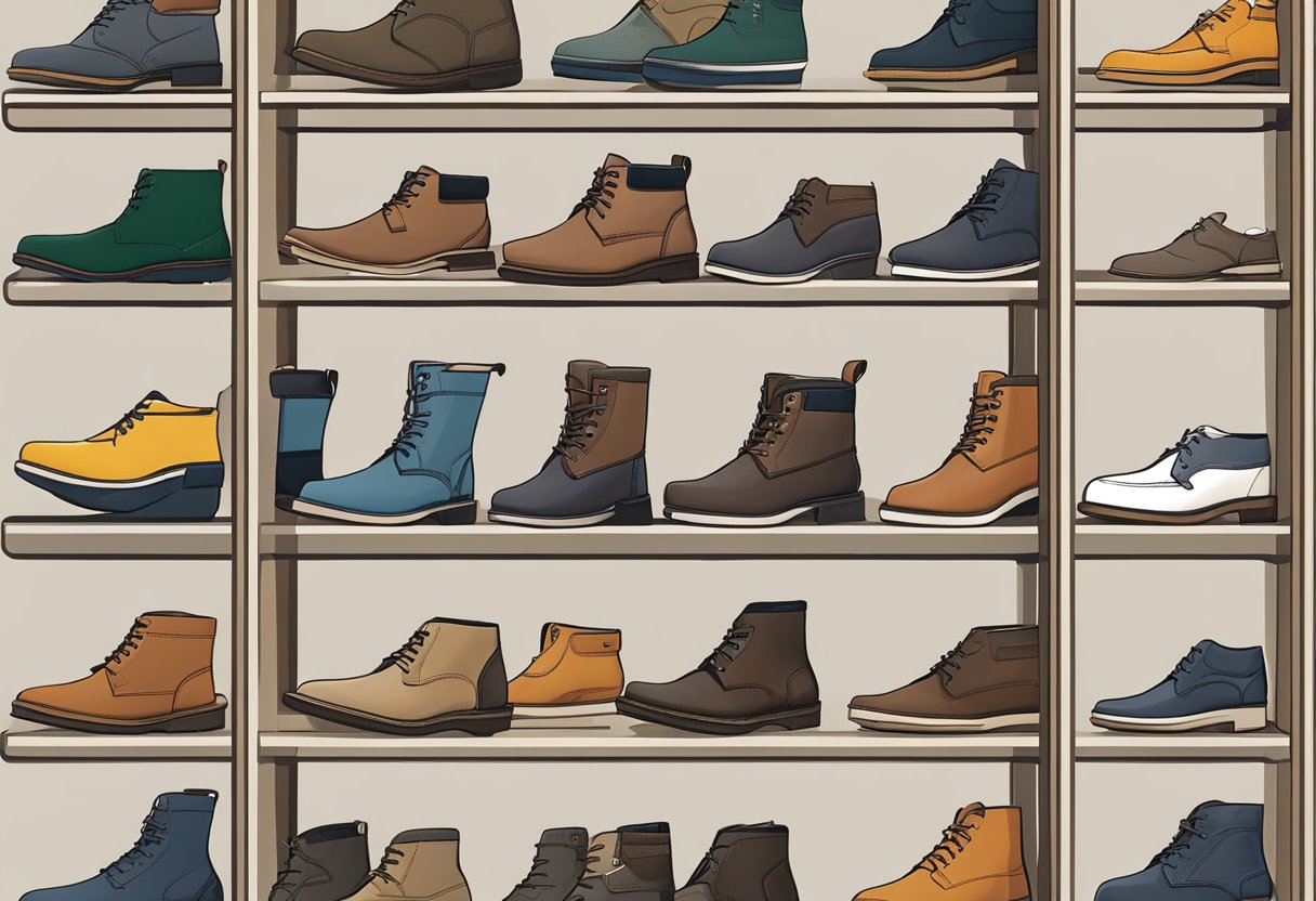 A display of Clarks footwear, arranged neatly on shelves with various styles and colors, showcasing the brand's range and quality
