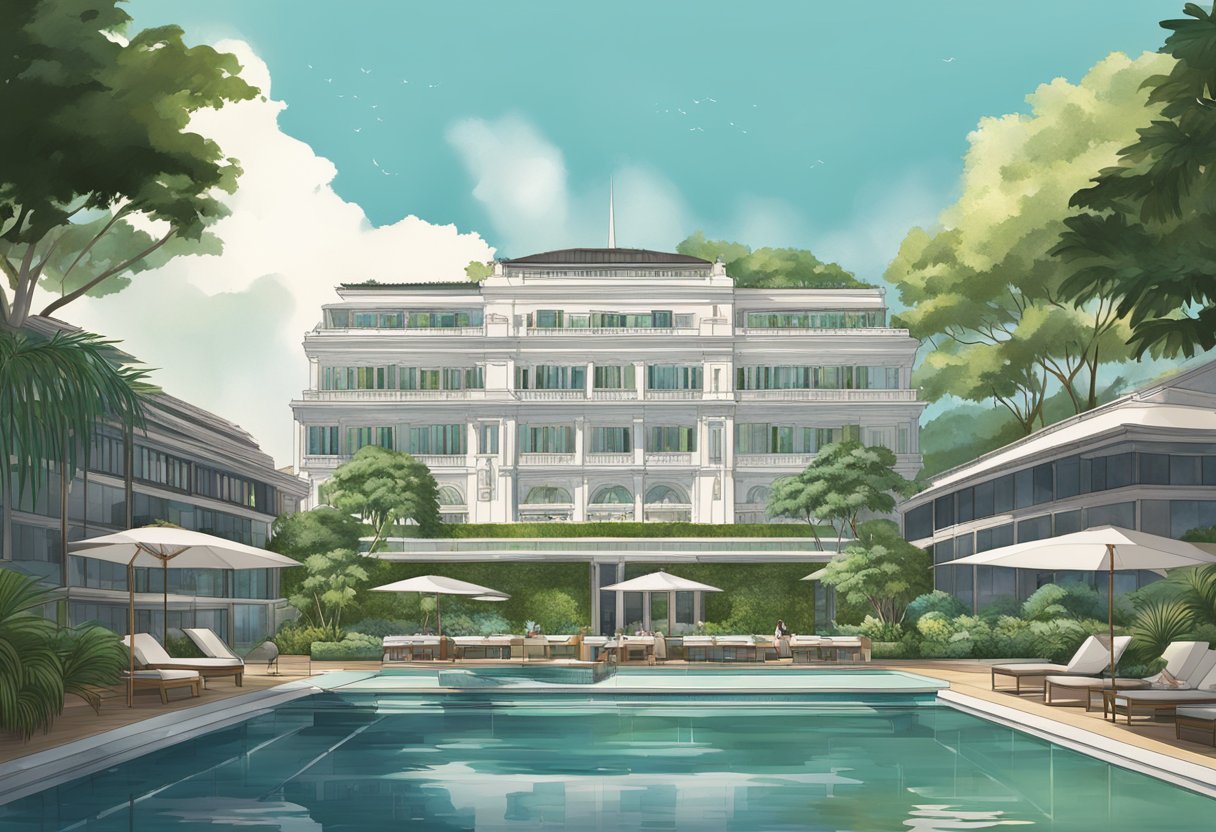 The iconic Como hotel in Singapore, surrounded by lush greenery and modern architecture, with a serene pool and a backdrop of the city skyline