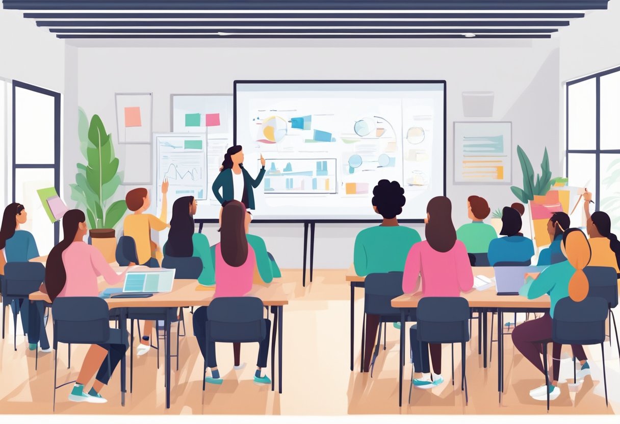 A group of teachers gather in a modern classroom, discussing and answering questions on a large whiteboard. The room is filled with energy and collaboration