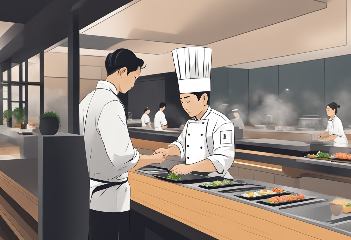 A chef prepares a multi-course omakase meal in a sleek, minimalist Japanese restaurant in Singapore. The counter seating allows diners to watch the artful presentation of each dish