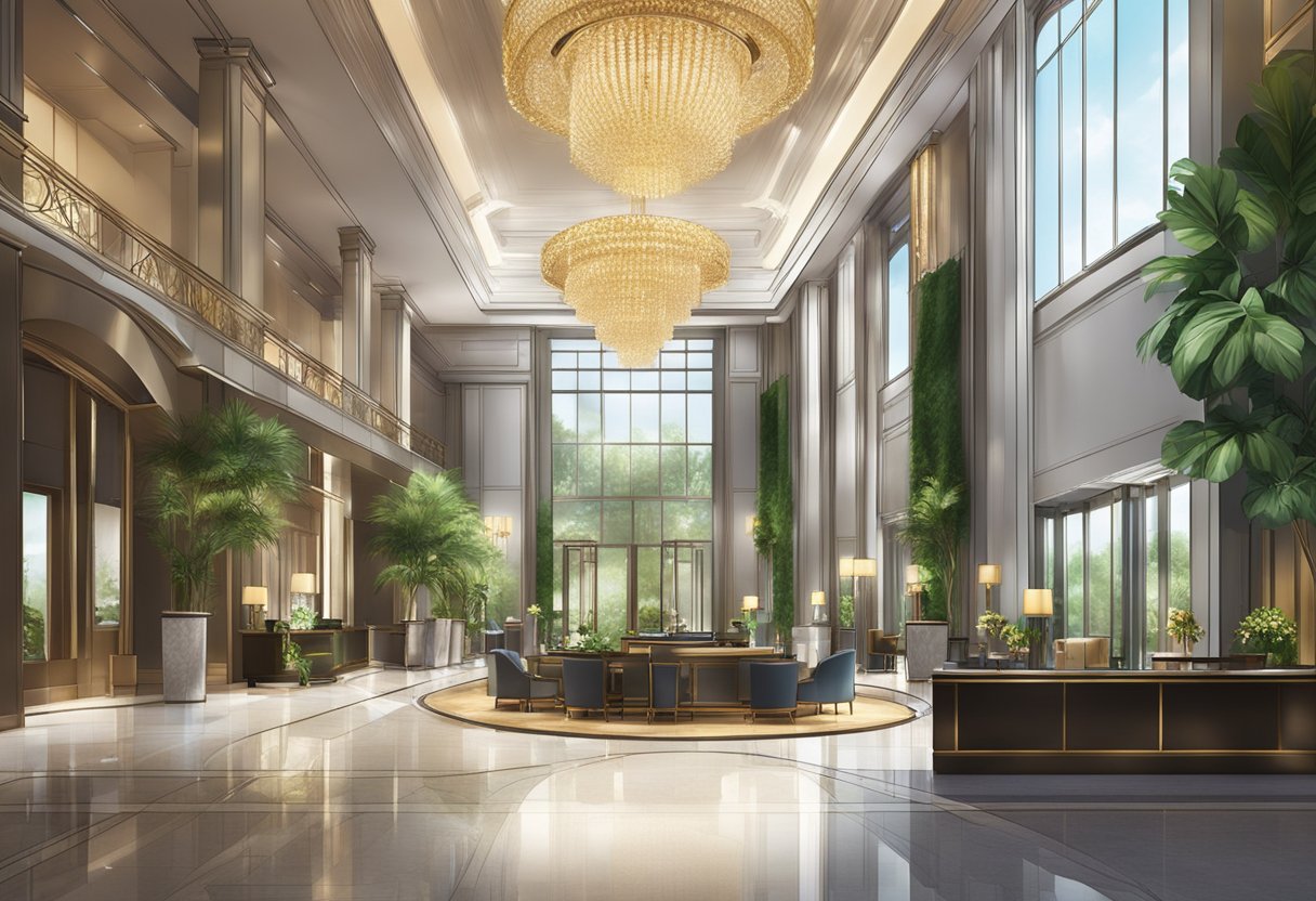 A luxurious hotel lobby with modern furniture, a grand chandelier, and a reception desk. A glass elevator and lush greenery add to the ambiance