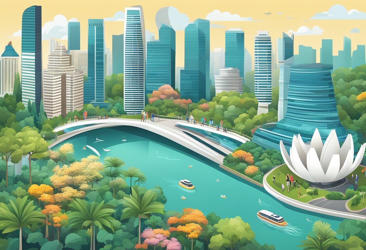 A bustling cityscape with iconic landmarks like the Marina Bay Sands, Gardens by the Bay, and the futuristic skyline of Singapore