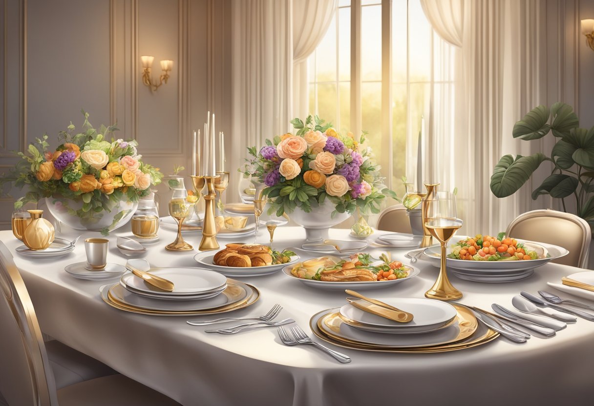 A beautifully set table with elegant cutlery, fine china, and a spread of delectable dishes, surrounded by luxurious décor and ambient lighting