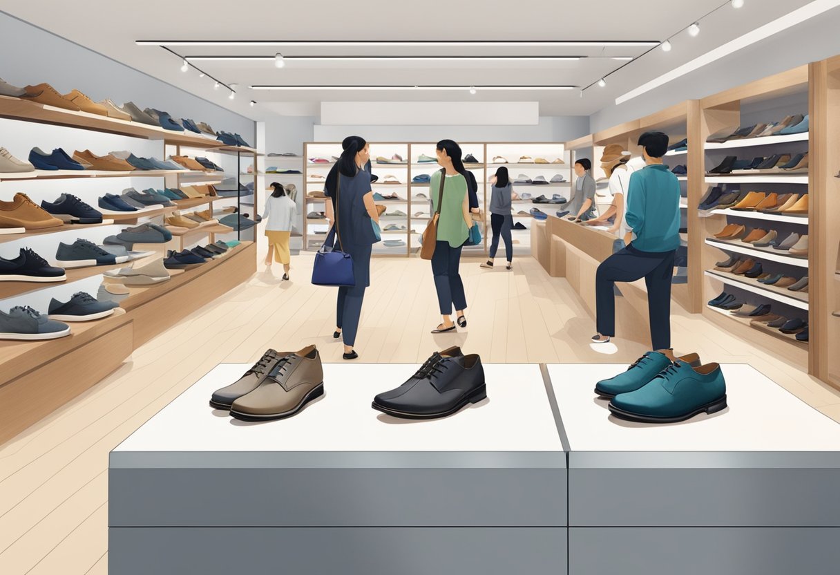 Customers browsing rows of Clarks shoes in a modern Singapore shoe store