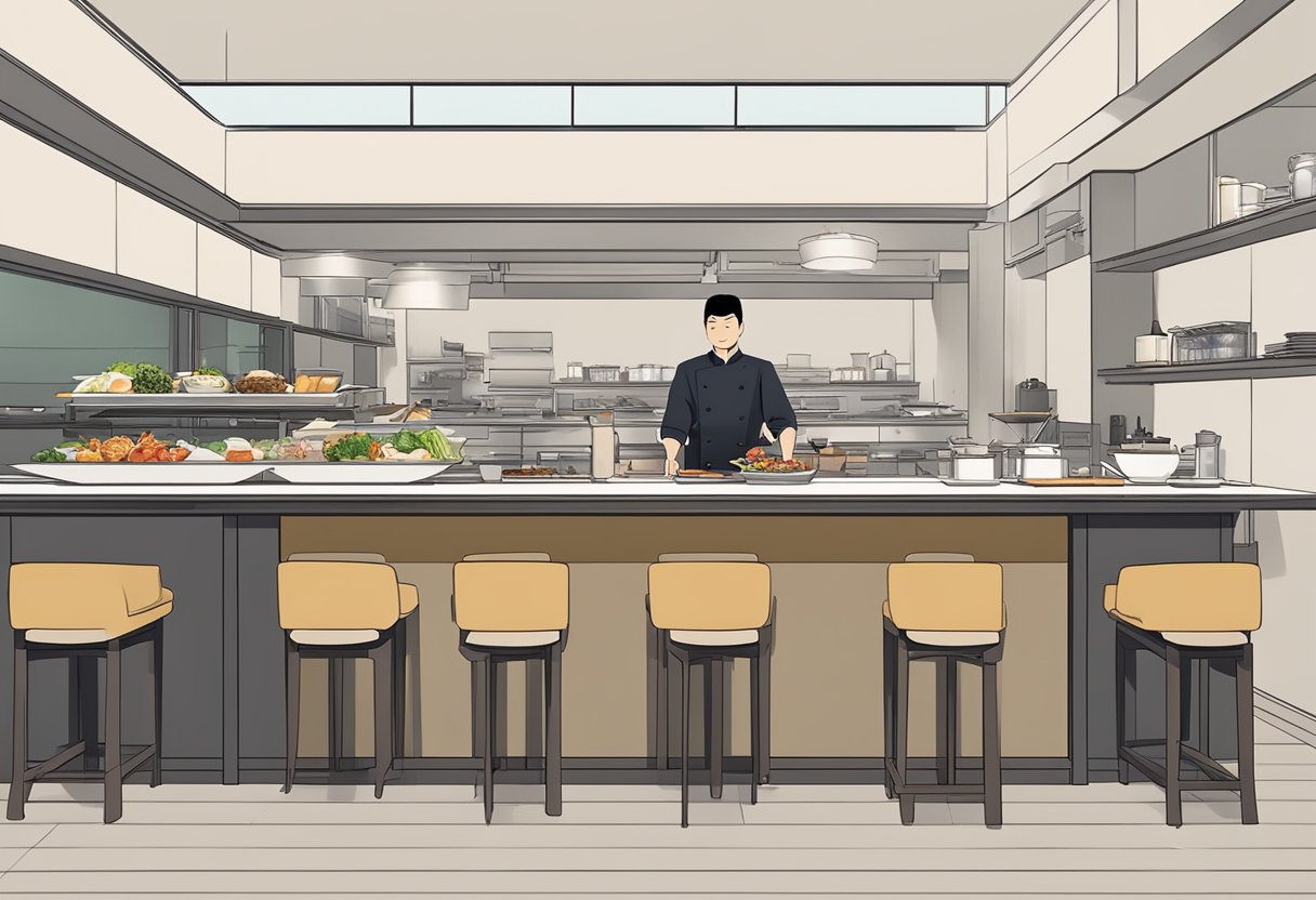 A traditional Japanese omakase dining experience in Singapore, with a chef meticulously preparing and presenting a variety of exquisite dishes on a sleek, minimalist counter