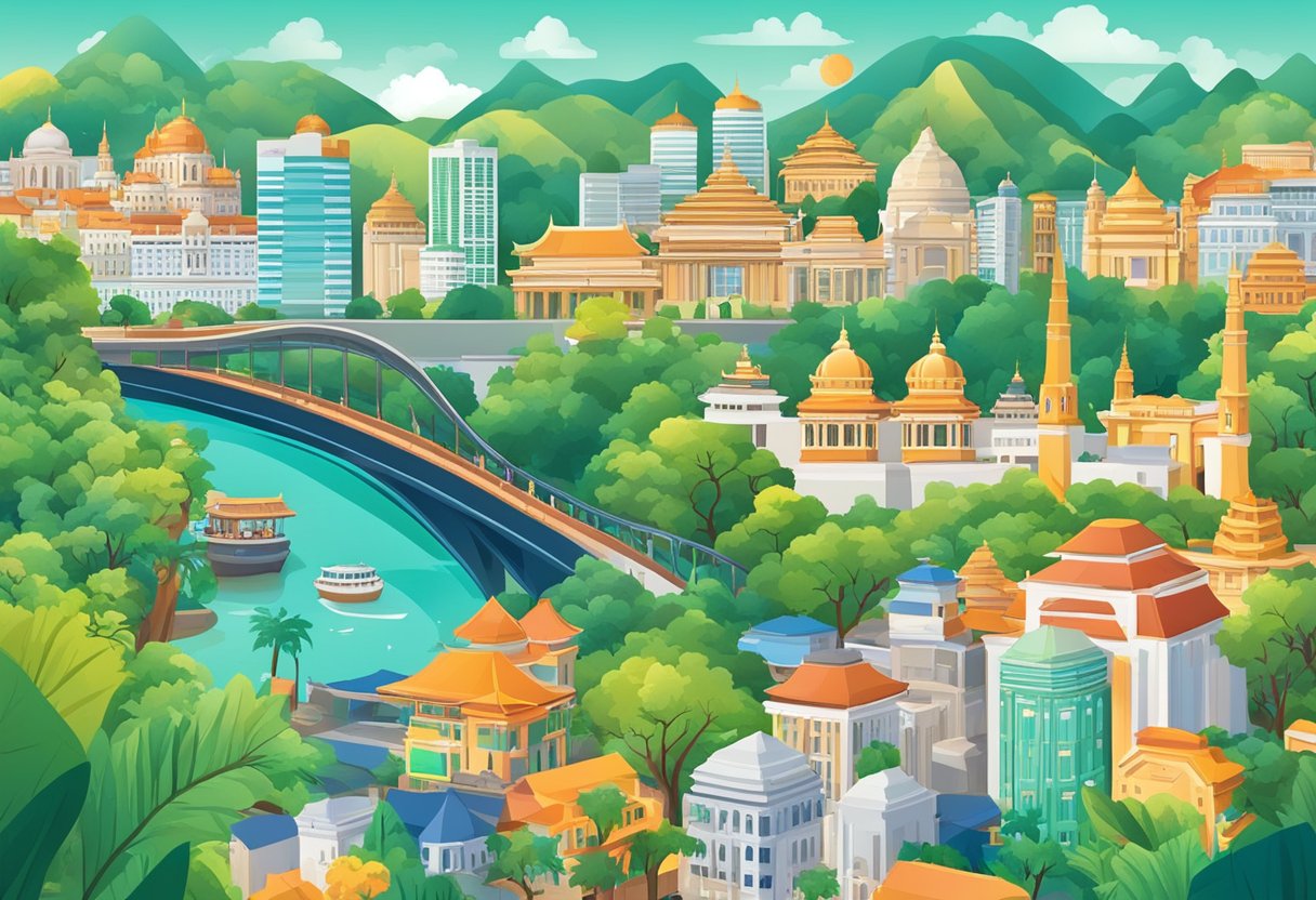 A vibrant cityscape with iconic landmarks and lush greenery, showcasing the diverse cultural and natural attractions of regional excursions beyond Singapore