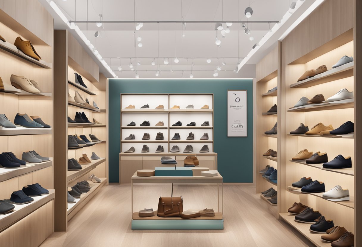 A display of Clarks shoes in a Singapore store, with a sign reading "Frequently Asked Questions" above the collection