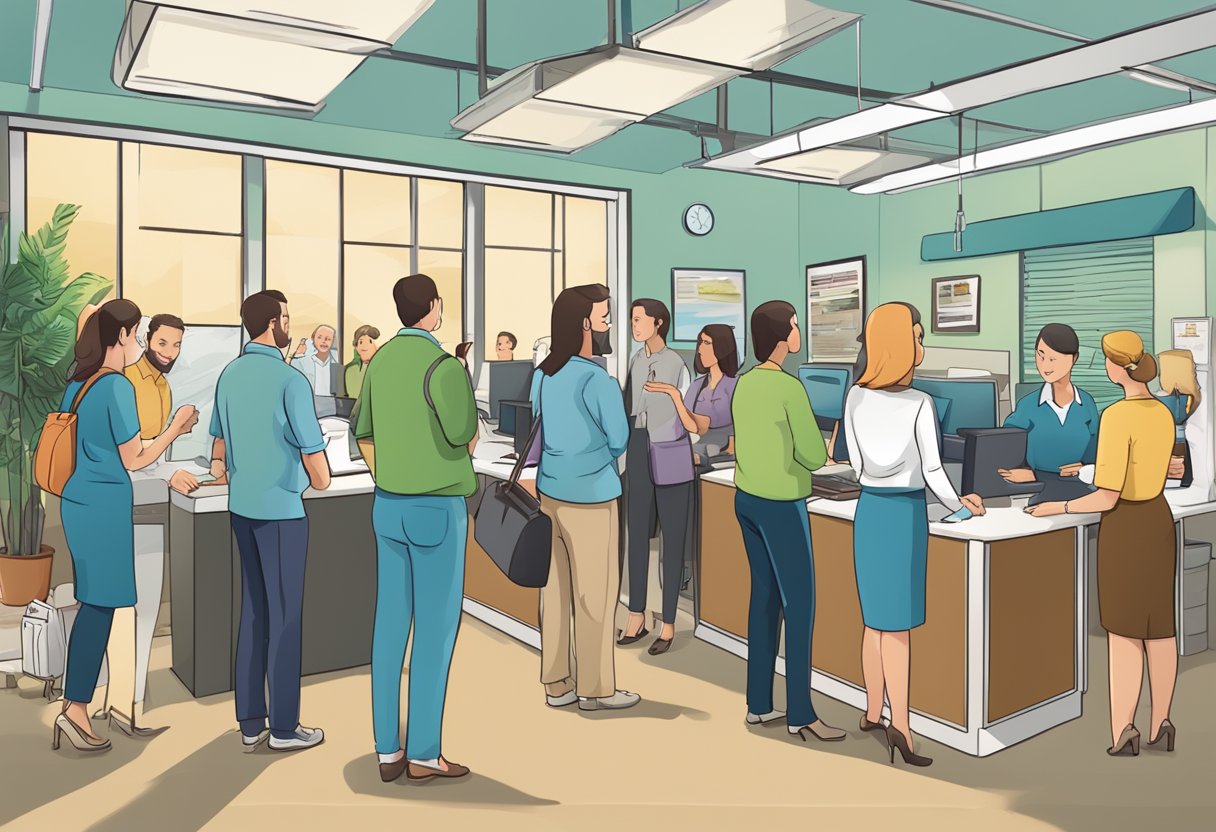 A bustling travel agency office with a prominent "Frequently Asked Questions" sign, customers waiting in line, and staff assisting with inquiries