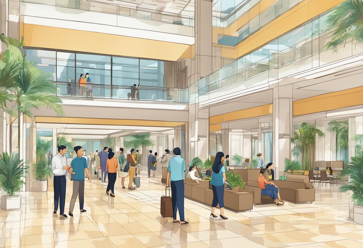 A bustling hotel lobby in Singapore with a prominently displayed "Frequently Asked Questions" sign. Guests and staff are seen interacting and navigating the space