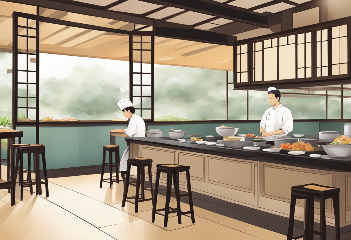 A traditional Japanese omakase restaurant in Singapore, with a chef preparing exquisite dishes and a serene, minimalist interior