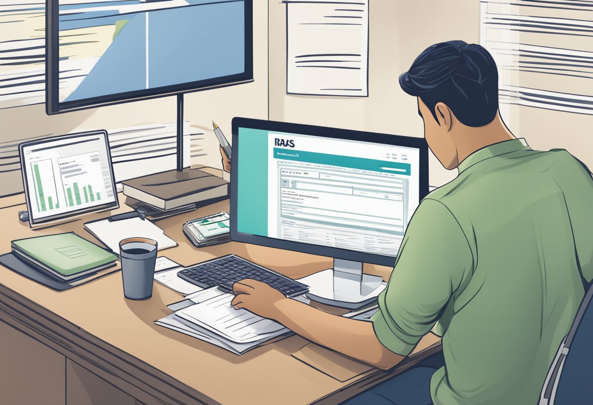 An individual sits at a desk, filling out tax forms while looking at a computer screen displaying the IRAS Singapore address for filing and payment