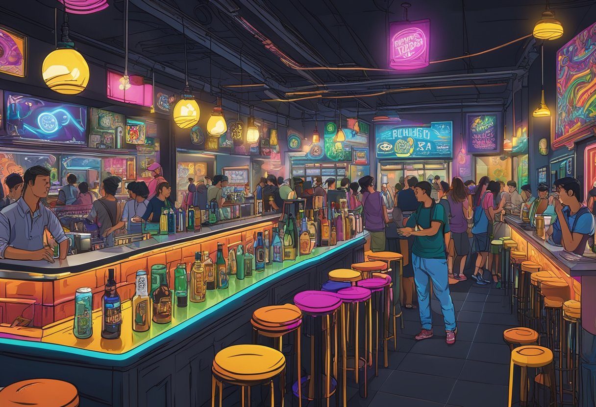 A crowded and vibrant interior of Black Tap Singapore, with colorful graffiti art on the walls, neon signs, and a bustling bar with a variety of craft beers on tap