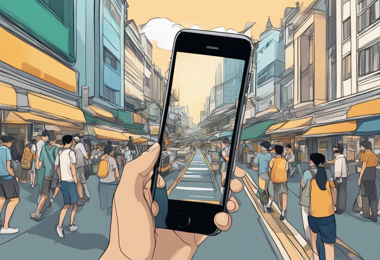 An iPhone being used in a bustling street in Singapore