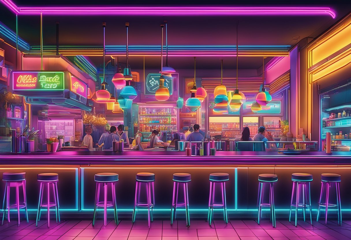 Colorful neon lights illuminate a bustling restaurant with oversized milkshakes and a vibrant atmosphere at The Black Tap Experience in Singapore