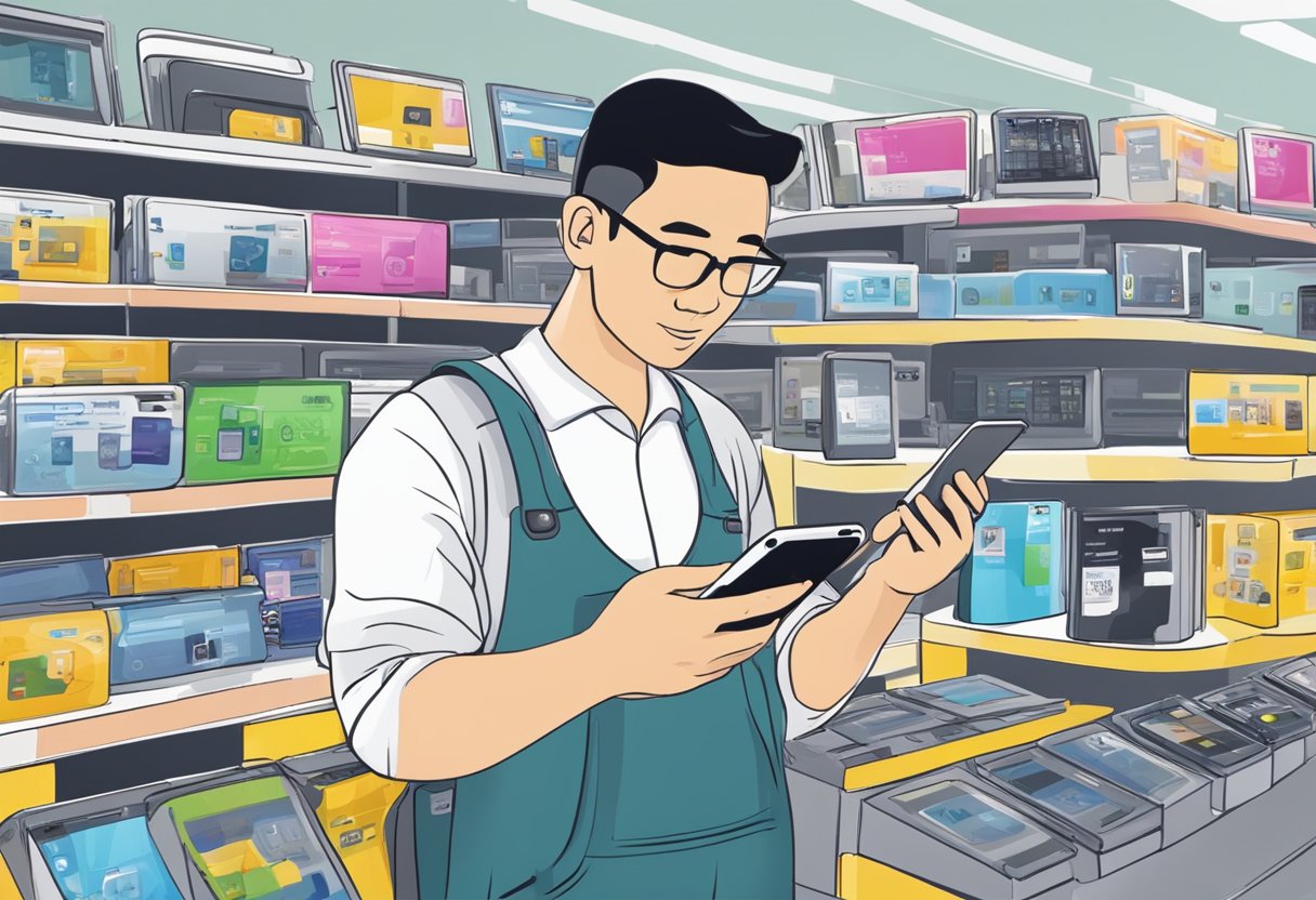 A customer inspecting a used iPhone at a Singapore electronics store. Signs advertise discounted prices and warranty options
