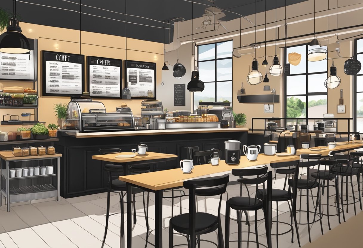 A busy, modern cafe with sleek black tables, industrial lighting, and a vibrant atmosphere. The menu board displays a variety of specialty coffee drinks and gourmet sandwiches