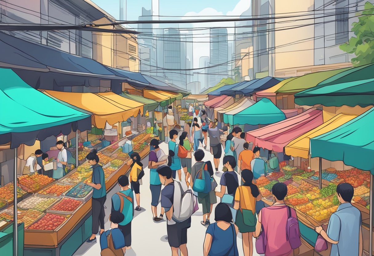 A bustling street market with colorful stalls selling used iPhones in Singapore. Customers inspecting devices, vendors haggling prices