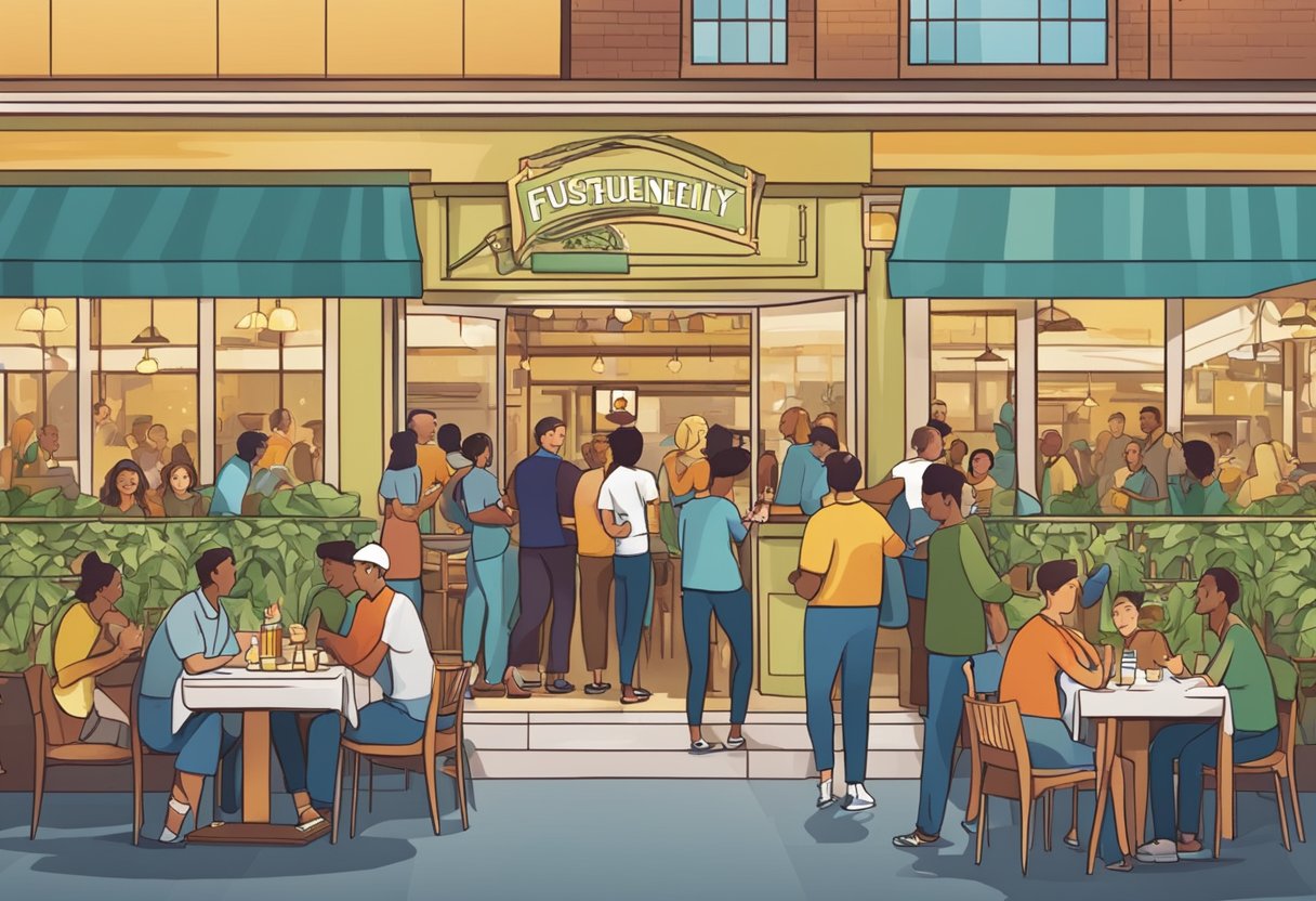 A bustling restaurant with a prominent "Frequently Asked Questions" sign at the entrance, surrounded by eager diners and a lively atmosphere