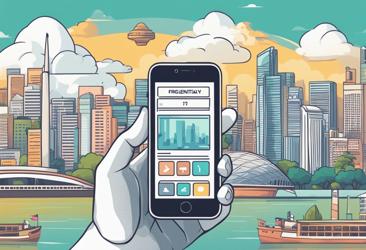 A hand holding a used iPhone with a "Frequently Asked Questions" webpage displayed on the screen, set against a backdrop of iconic Singapore landmarks
