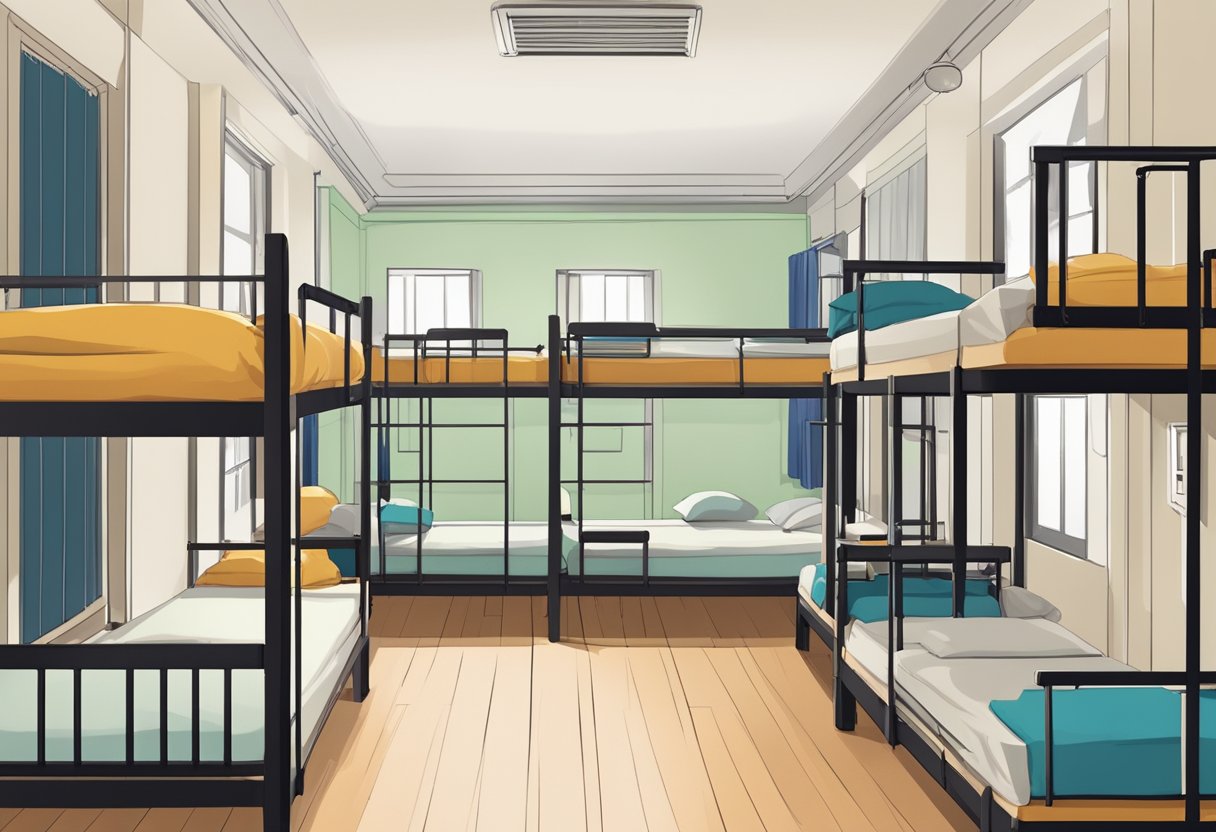 A small, modest hostel in Singapore, with simple bunk beds and communal areas. The building is old but well-maintained, and the atmosphere is friendly and welcoming