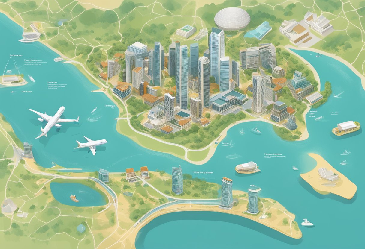 Traveler browsing online for affordable hostels in Singapore. Map of Singapore in the background, with hostel options listed on the screen