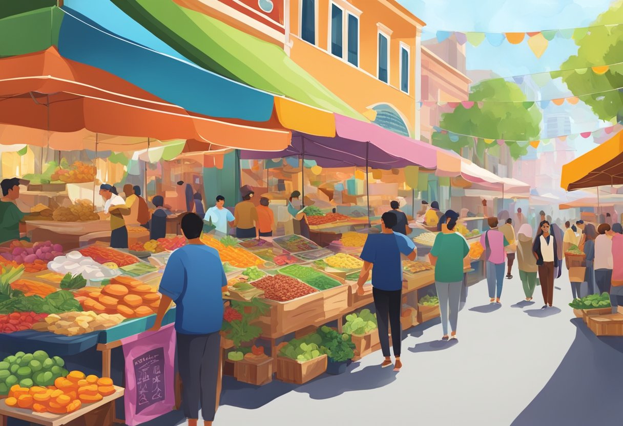 Vibrant street market with diverse food stalls, colorful murals, and people from various cultures socializing